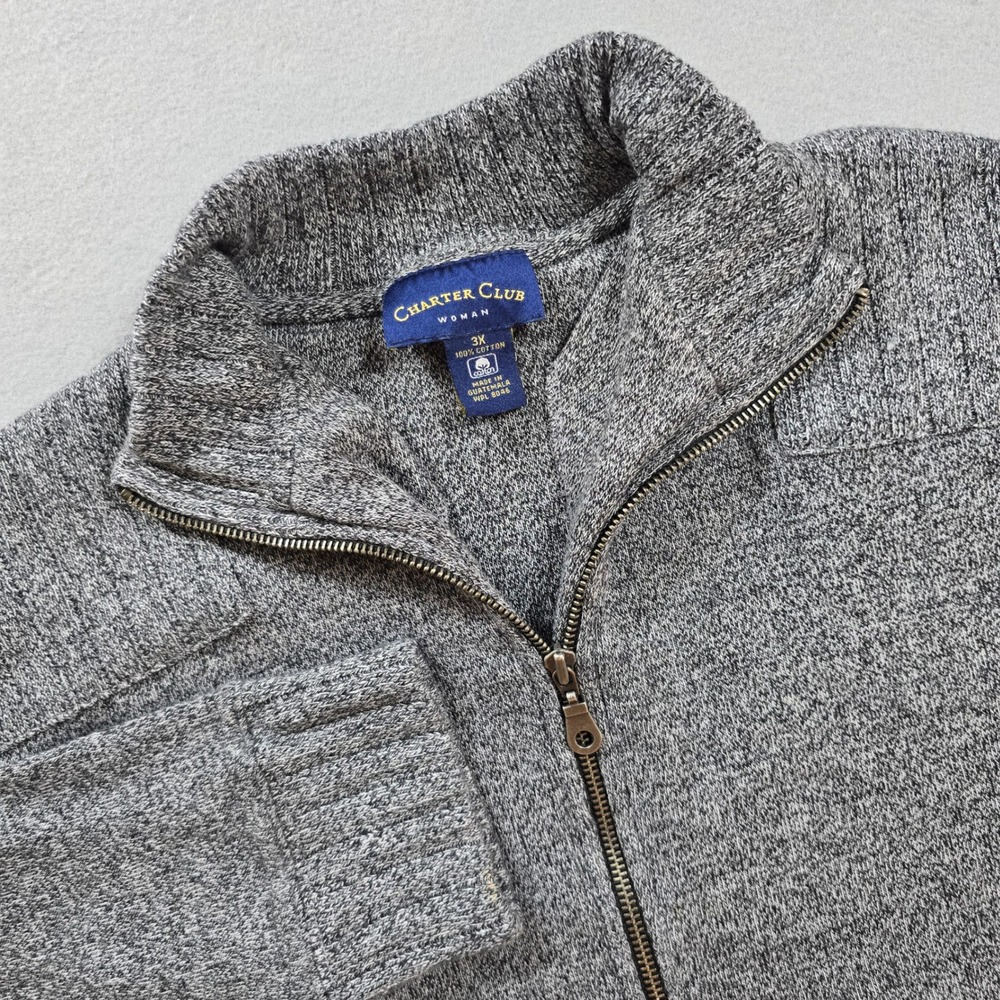 Charter Club Womens 3X Gray Cotton Zip Cardigan Sweater Marl Mock Neck Classic
